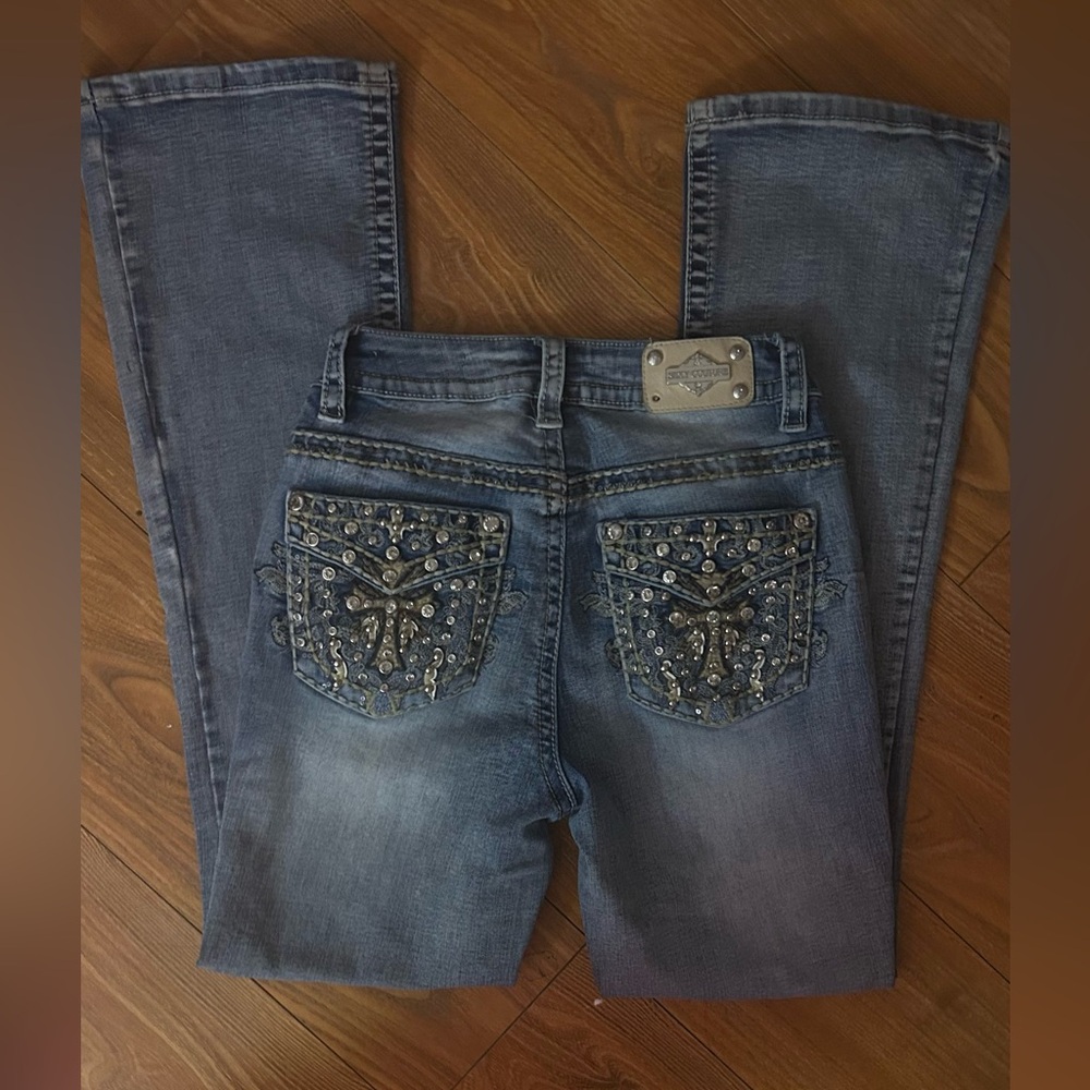 Elegant Blue Boot Cut Jeans with Embellished Pockets